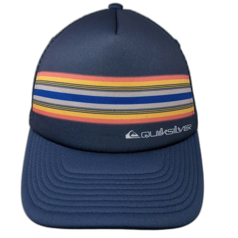Quiksilver Trucker Hat Blue One Size Striped Mountain Wave Logo Mesh Snapback